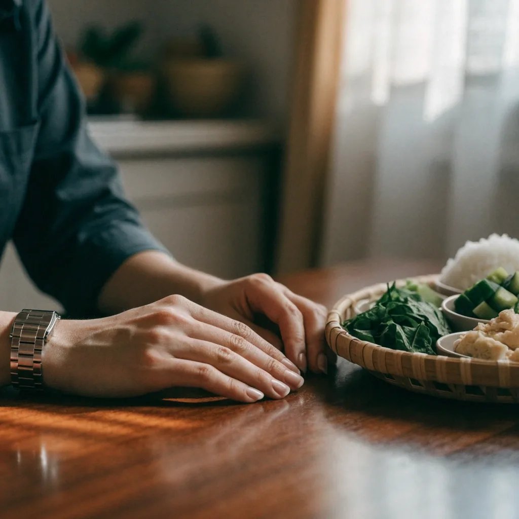 A shallow wooden bowl with separated portions of rice, vegetables, and beans seen from above