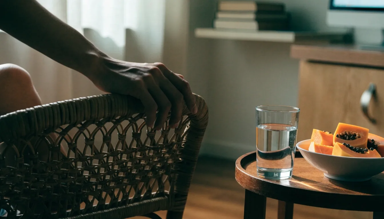 A hand writing on a blank intake sheet on a wooden table, glass of water behind