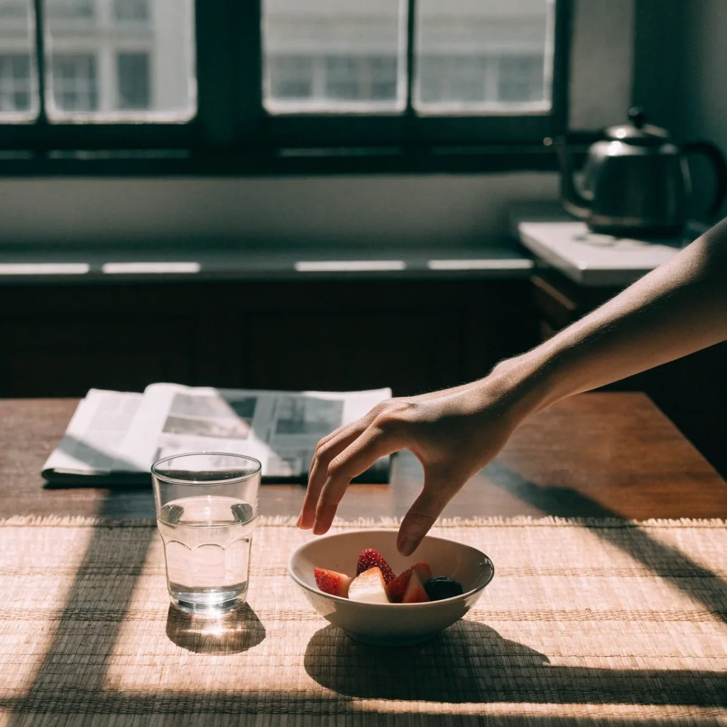 Open blank notebook and glass of water on a wooden table in warm late-afternoon light